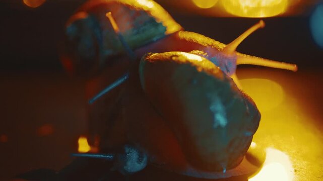 Snails move on a surface with warm light in a close-up shot during evening hours