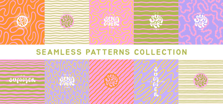Groovy summer abstract seamless patterns set. Uneven hand drawn organic wavy lines, doodle deformed distorted continuous curved stripes, sea waves backgrounds. Hello it's summer time hand lettering.