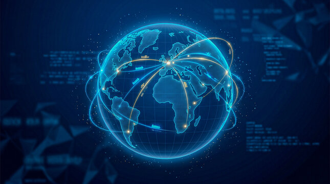 Dark blue global network background with glowing wireframe world globe