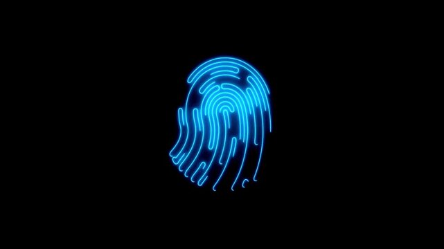 Blue neon fingerprint animation scanning lines continuously over a plain black background.