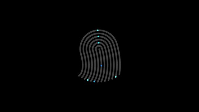 Fingerprint scanner graphic animating blue and green lines to match unique identity database.