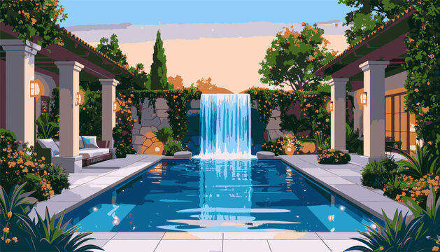 Idyllic courtyard with cascading waterfall into a turquoise swimming pool