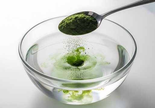 Green powder dissolving in clear water in a glass bowl, healthy supplement preparation. kelp powder