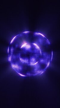 Futuristic 3D animation of a glowing violet orb with light rays. Concept of artificial intelligence, core energy, or quantum computing.