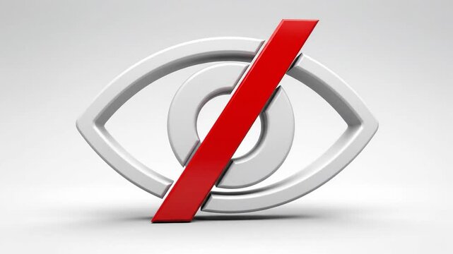 3D render of an eye icon with a red slash. Hidden content and privacy protection concept. Symbol for invisible or restricted access on white background