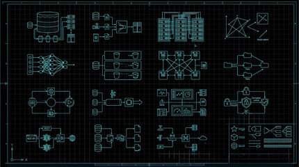 Fototapeta premium AI Infrastructure Data Lakes CAD Icon Pack Blueprint Vector with Cloud Storage and Analytics System Architecture