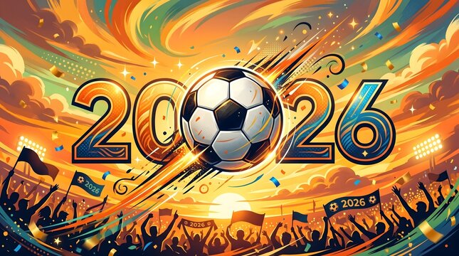 Soccer ball exploding with vibrant energy and golden numbers 2026 in dynamic motion background