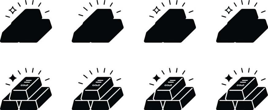 Set of isometric gold ingots and growing investment pyramid icons isolated on transparent background