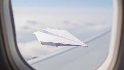 Obraz premium White paper airplane flying past an airplane window over a cloud layer with the wing and soft sky visible