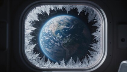 Obraz premium View of Earth through a frosted spacecraft porthole with ice crystals framing the planet and cloud-covered oceans