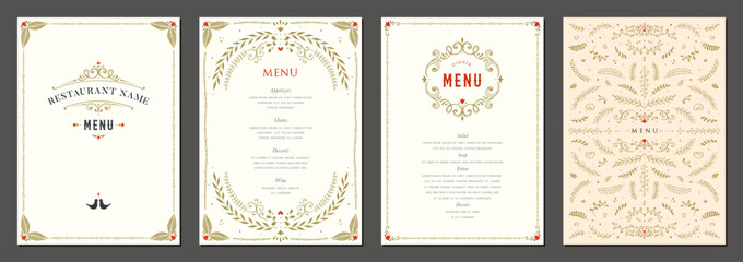Naklejka na ściany i meble Wedding and restaurant menu. Ornate hand drawn vertical classic templates. Good for banners, greeting and business cards, invitations, advertising, events and page cover.