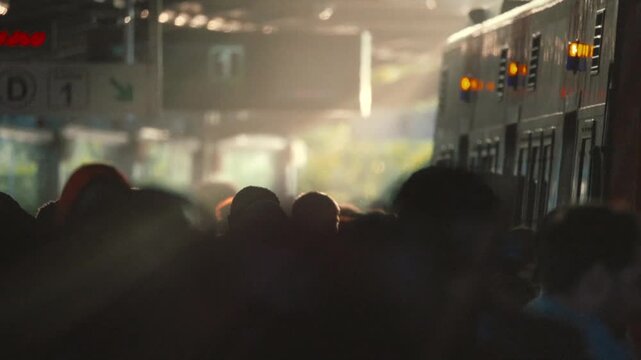 People wait at a busy train station during rush hour in the morning sunlight