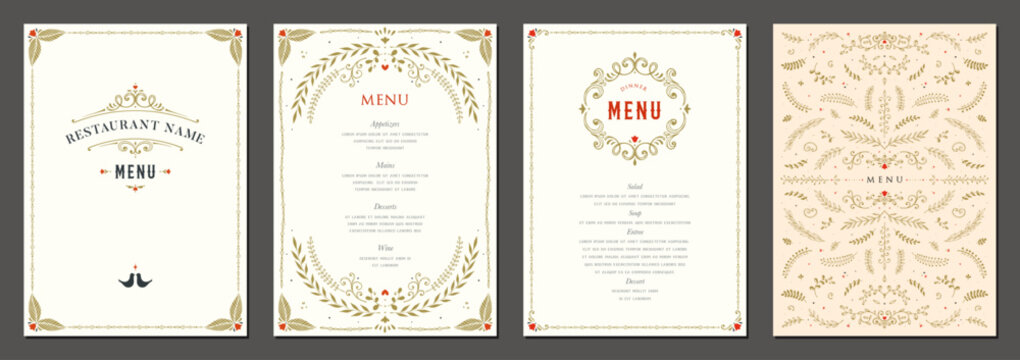 Wedding and restaurant menu. Ornate hand drawn vertical classic templates. Good for banners, greeting and business cards, invitations, advertising, events and page cover.