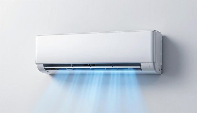 Modern white wall-mounted split air conditioner blowing cool blue airflow