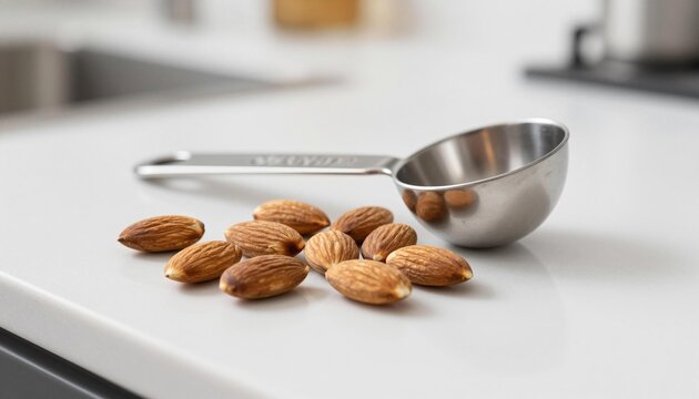 Raw whole almonds arranged beside a stainless steel measuring scoop on a white kitchen countertop