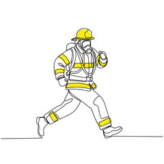 Fototapeta premium One Line Drawing Firefighter Running in Protective Gear, Yellow and White
