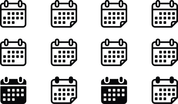 Set of twelve calendar icons showing monthly page flips in linear design style