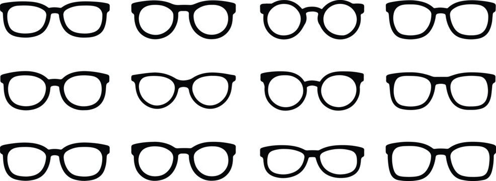 Set of twelve different minimalist eyeglass frames isolated on transparent background