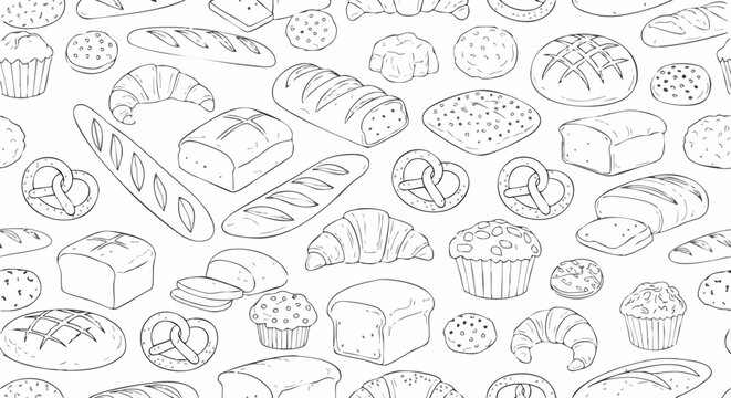 Seamless hand drawn bakery pattern with various bread types.