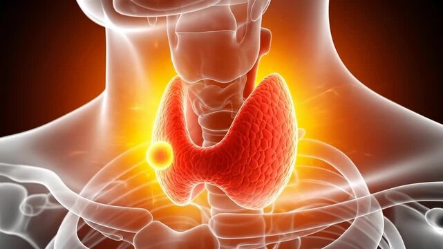Thyroid gland disease, anatomical medical concept, highlighting inflammation, pain, and a suspicious nodule in the human body, endocrine system disorder