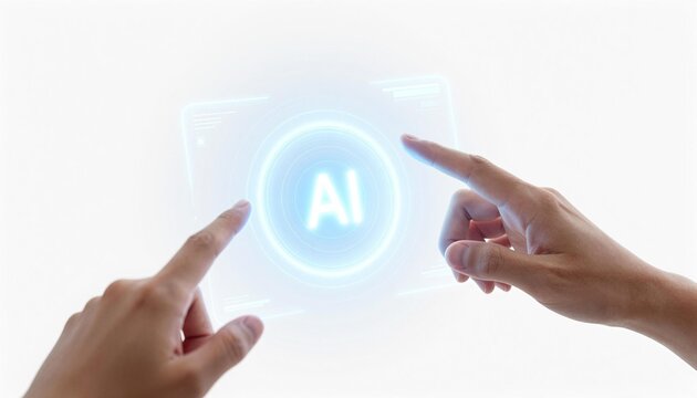 Two hands interacting with a glowing holographic AI button on a clean white background, a futuristic touchscreen gesture interface conveying innovation and digital technology
