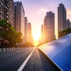 Fototapeta premium Sustainable cityscape with solar panels road.
