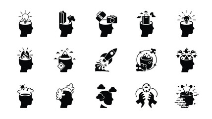 Collection of creative thinking and problem solving icons with human heads and innovative ideas © logodesign11