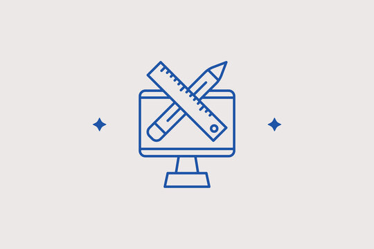 Monitor screen with ruler and pencil line icon for digital drafting. Sleek vector illustration for CAD software, web design, or technical illustration.