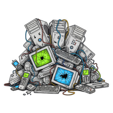 Pile of Broken Electronic Devices and Computer Hardware
