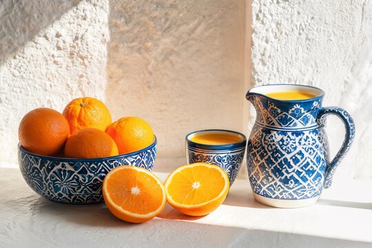 Fresh Orange Juice and Oranges in Blue Moroccan Ceramic Tableware