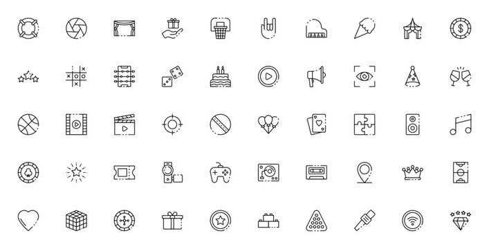 Entertainment icon set. Minimal linear icons. Featuring life saver, camera lens, curtains, gift box, basketball, rock and roll, keyboard, ice cream, circus, stars, tic tac toe and more.