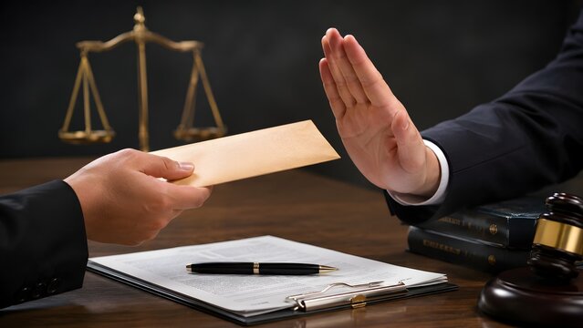 Legal professional firmly rejecting illegal money envelope with stop gesture beside brass scales and wooden gavel