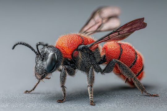 Close-up of a Vibrant Red Velvet Ant Wasp Isolated on Grey