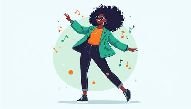 A woman with an afro dances joyfully surrounded by colorful musical notes