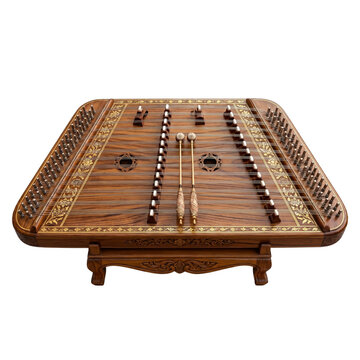 Ornate wooden hammered dulcimer instrument with dulcimer instrument hammered