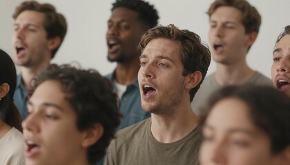 Fototapeta premium Diverse young adults singing together in a choir rehearsal, expressive faces and open mouths