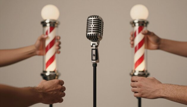 Vintage chrome microphone on stand flanked by two illuminated red-and-white barber poles held by hands, retro studio composition evoking barbershop and performance