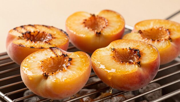 Honey-glazed grilled peach halves with charred edges on a metal grill, caramelized and juicy summer dessert