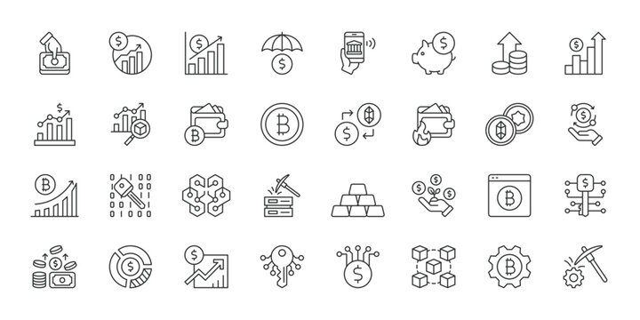 Cryptocurrency icons in line design. cryptocurrency, crypto, bitcoin, wallet, blockchain, finance, trading on white background vector. Cryptocurrency editable stroke icon