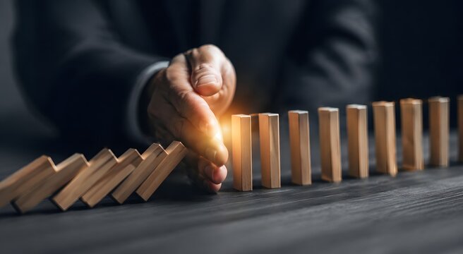 Businessman hand stopping falling wooden dominoes to prevent risk and protect business strategy