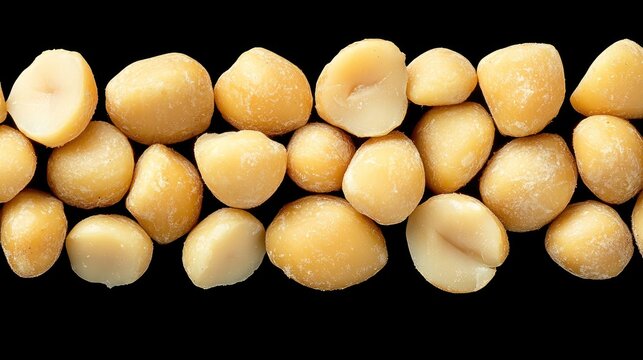 Close-up view of macadamia nuts arranged on a black background.