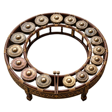Circular gamelan ensemble instrument with bronze keys and ornate base, ensemble
