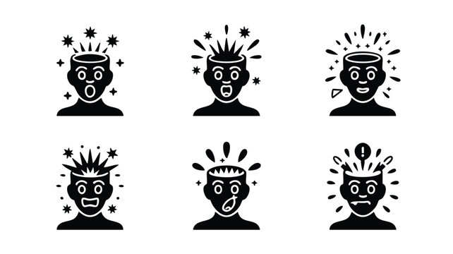 Collection of cartoon faces with exploding heads and shocked expressions