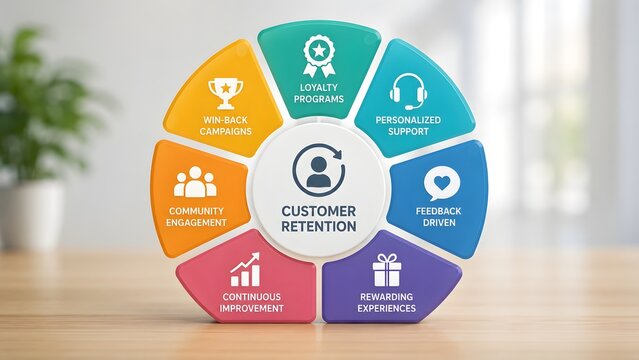 Colorful circular infographic chart on wooden desk showing customer retention strategy and business loyalty programs
