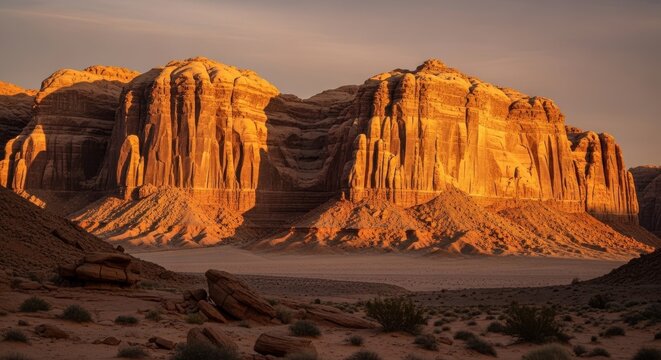 Golden Hour Light on Sandstone Cliffs in Desert Landscape