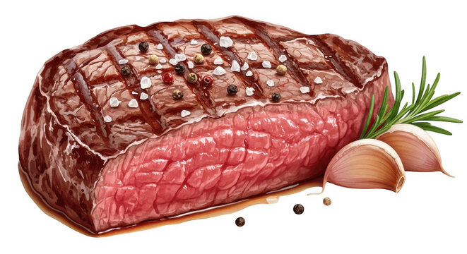 Grilled beef steak with charred sear marks, topped with coarse sea salt and peppercorns, served with fresh garlic cloves and rosemary on black