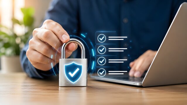 User holding padlock near laptop with glowing digital shield and checklist representing security compliance and data validation
