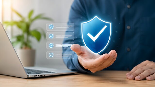 Hand presenting glowing digital shield and checklist hologram over laptop for cyber security assurance and software validation