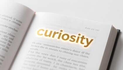 Obraz premium Open book close-up showing the word curiosity printed in gold foil on a white page, soft lighting and shallow depth of field