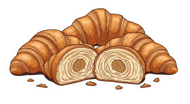 Hand-drawn of golden brown croissants, including whole pastries and a sliced croissant showing flaky layers, isolated on a black background